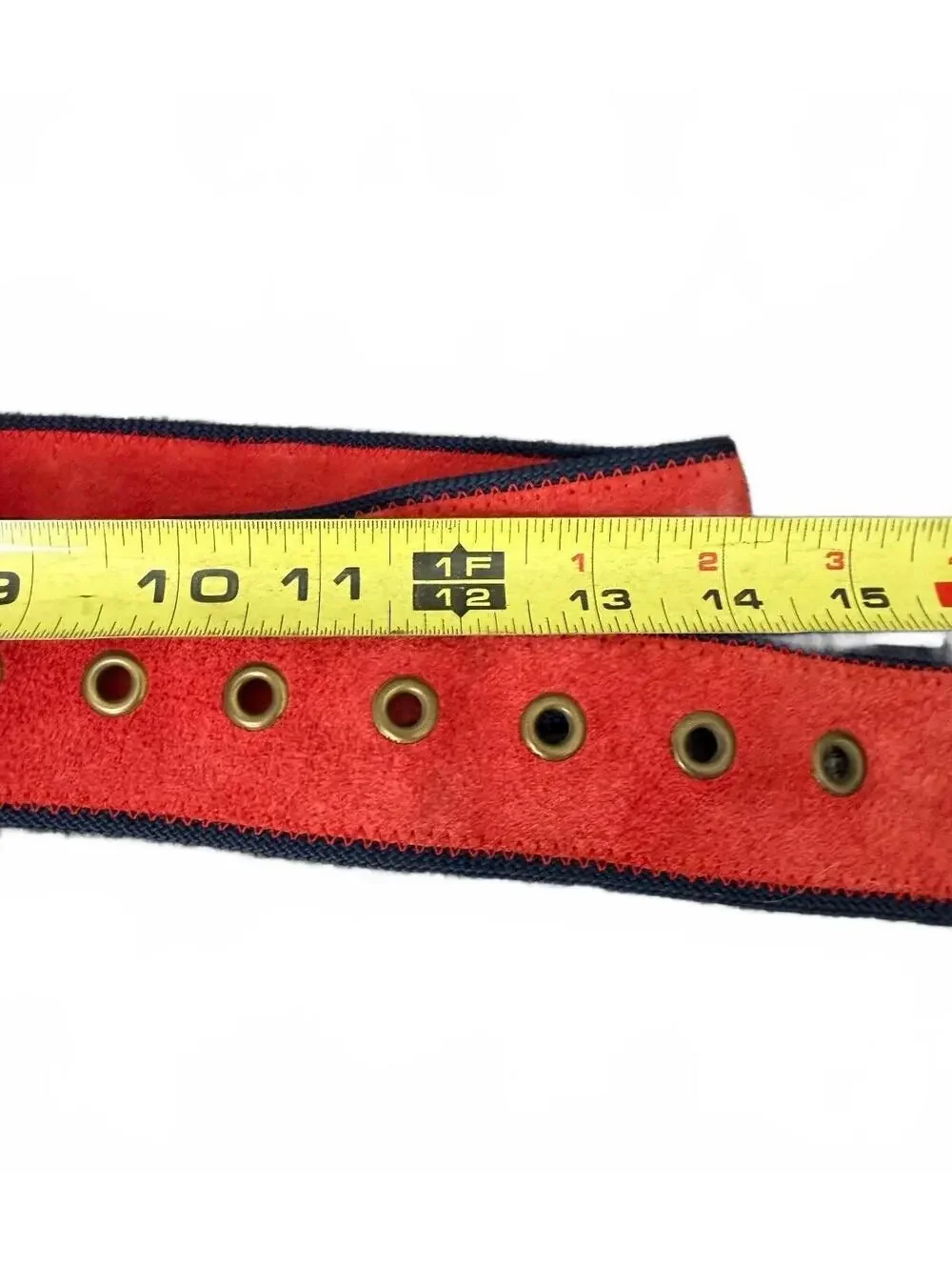 Vintage Red Suede Leather Belt Navy Trim Brass Buckle Adjustable Made in USA